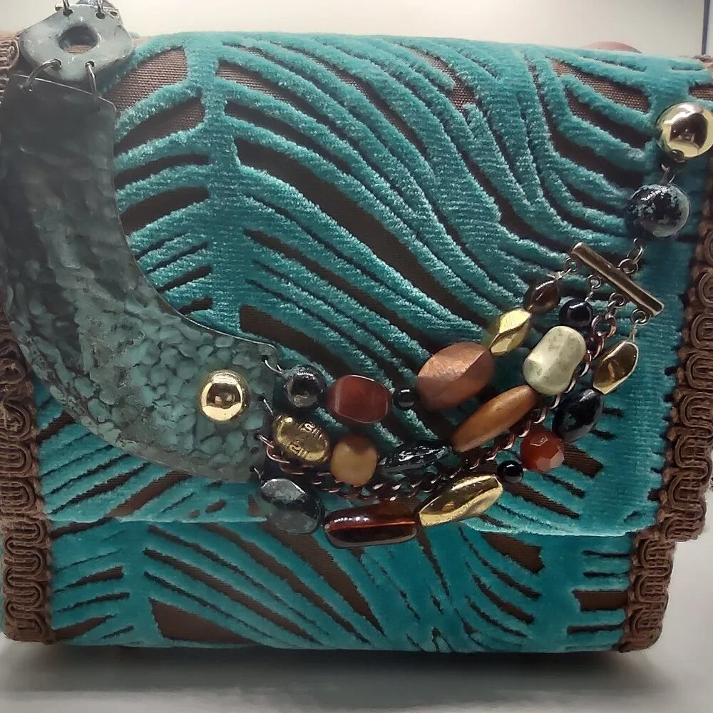 NWOT Plush Handbag Artisan-Made Turquoise/Brown w/Beads by Not Sisters Too - Picture 5 of 9